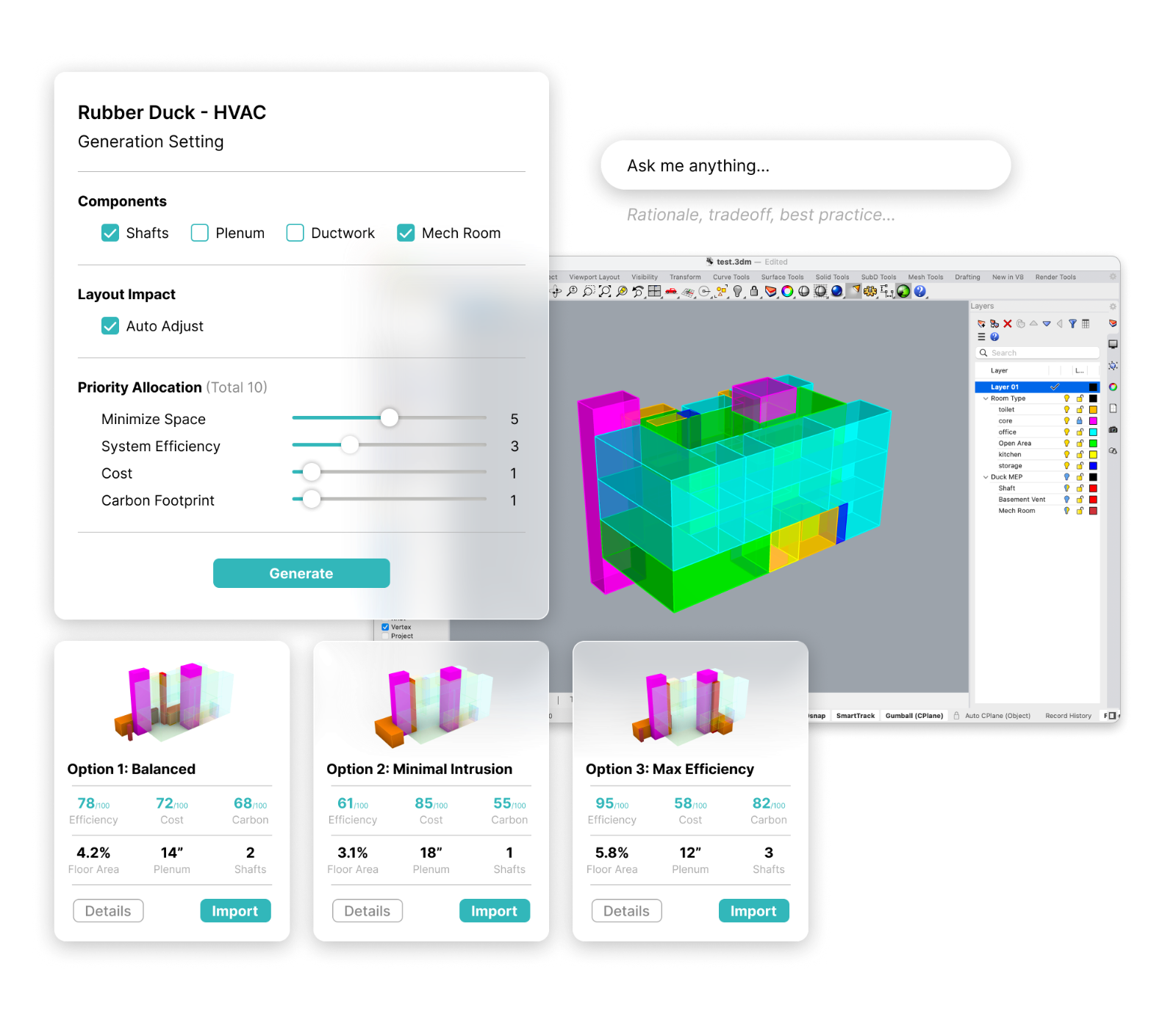 Rubber Duck HVAC — generation settings, live 3D viewport and ranked design options